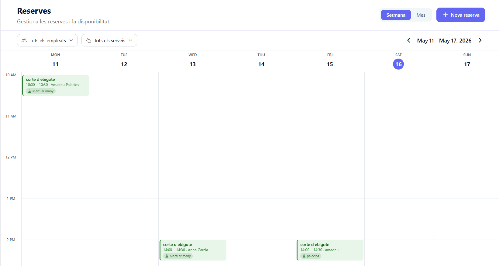 Vista del calendario de reservas